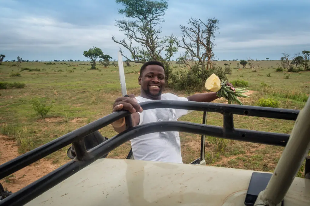 Our driver Meddy next to the car with pineapple