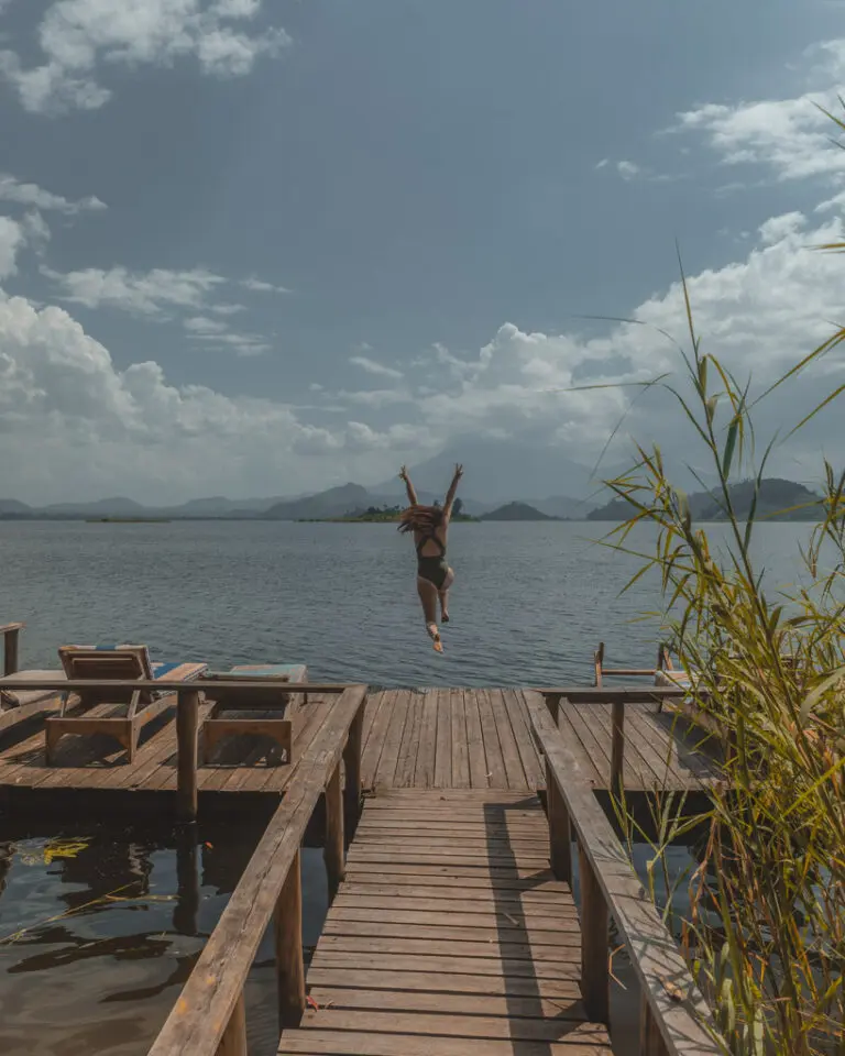 Jumping into the lake at Mutanda Lake Resort