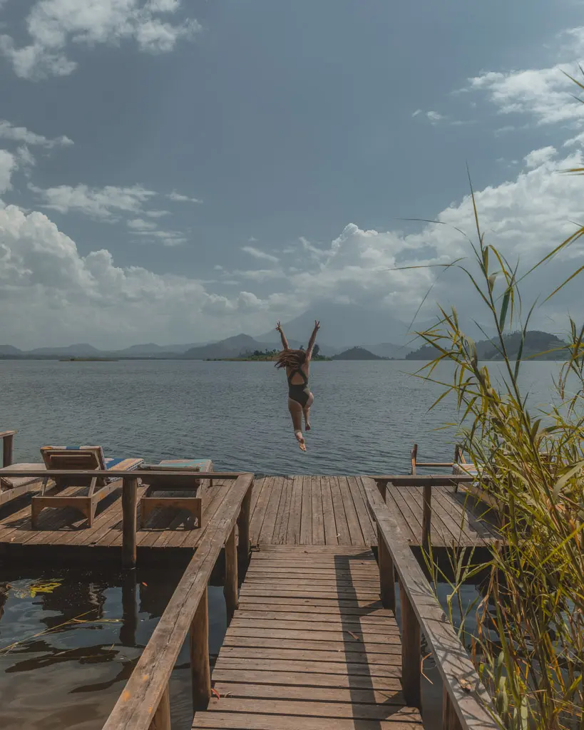 Jumping into the lake at Mutanda Lake Resort