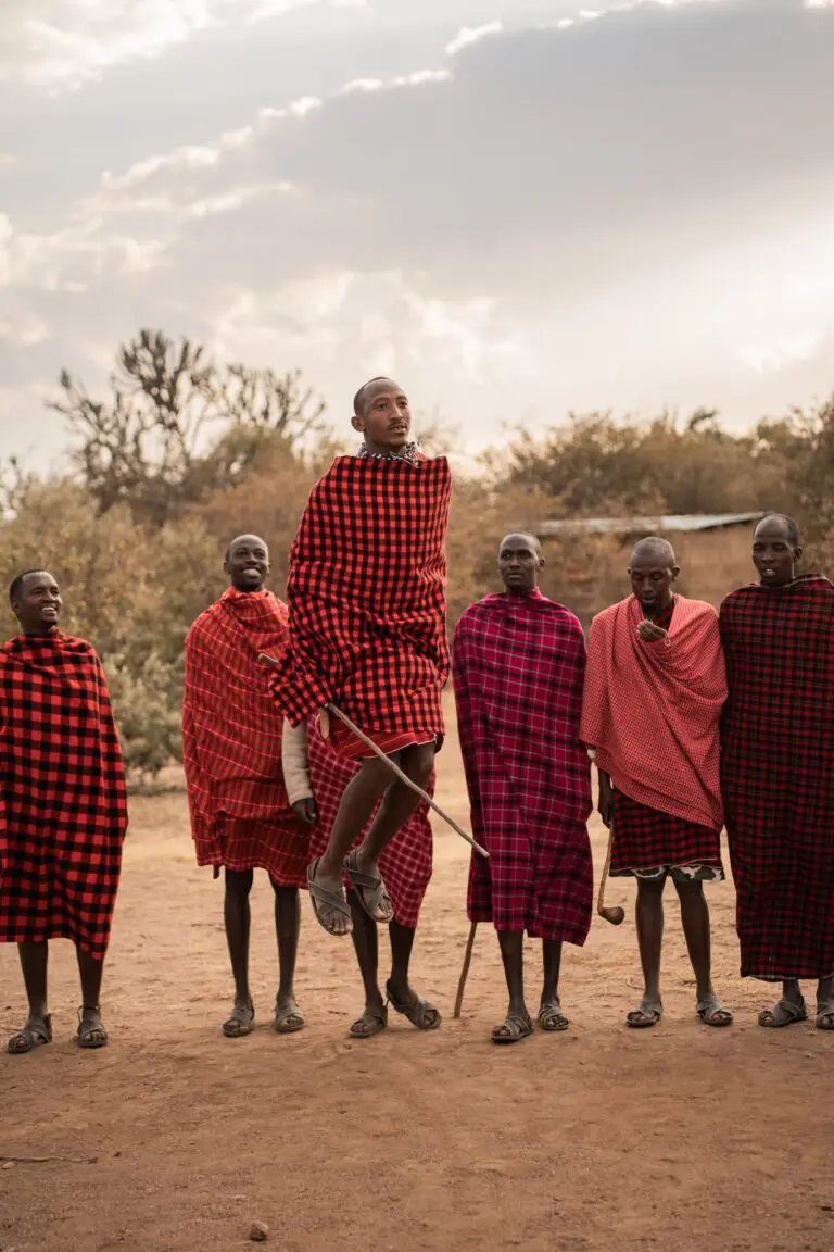 Maasai men performing traditional jumping dance in Kenya