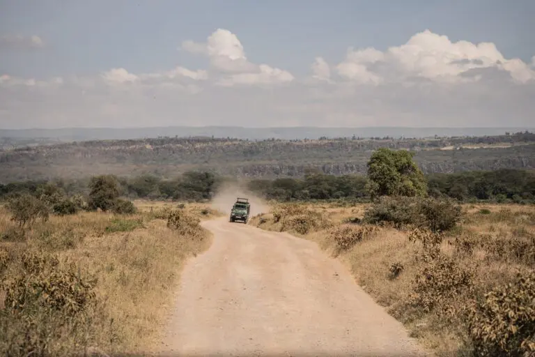 safari jeep driving on a dusty road in a vast landscape