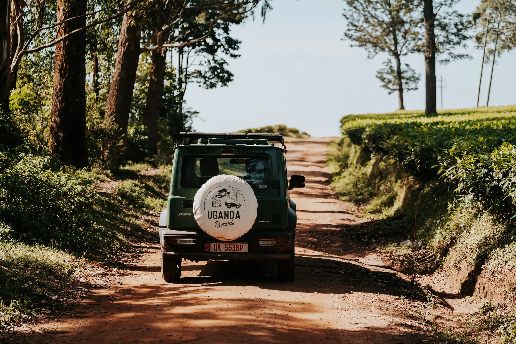 green safari jeep on dirt road in Uganda